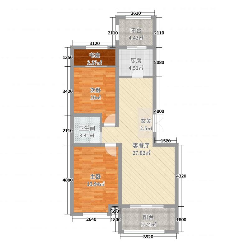 潤德天悅城3室2廳1衛(wèi)1廚94㎡戶型圖