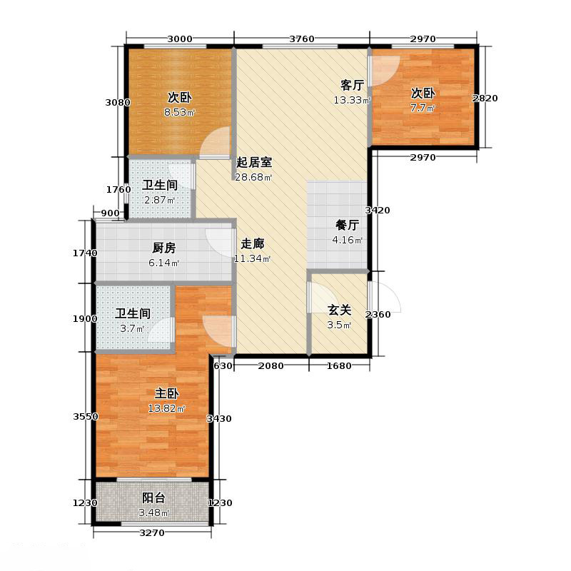 鑫界9號(hào)院3室0廳2衛(wèi)1廚103㎡戶型圖