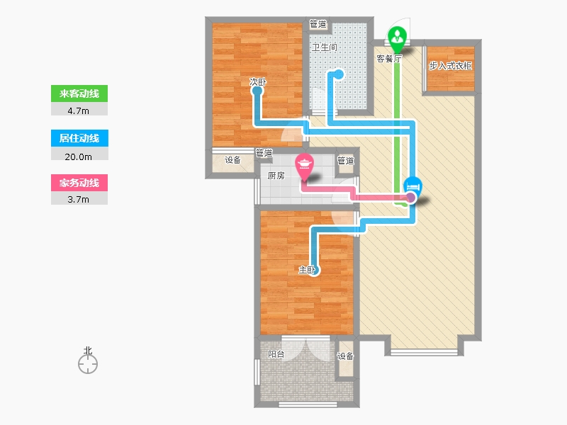 瀚唐2室1廳1衛(wèi)1廚87.00㎡動線圖