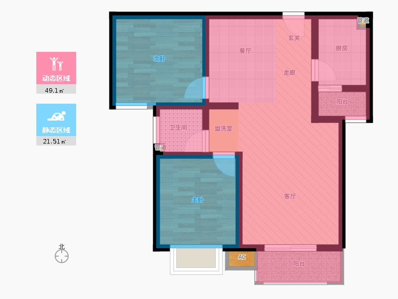 弘石灣2室2廳1衛(wèi)1廚90.00㎡動(dòng)靜分區(qū)圖