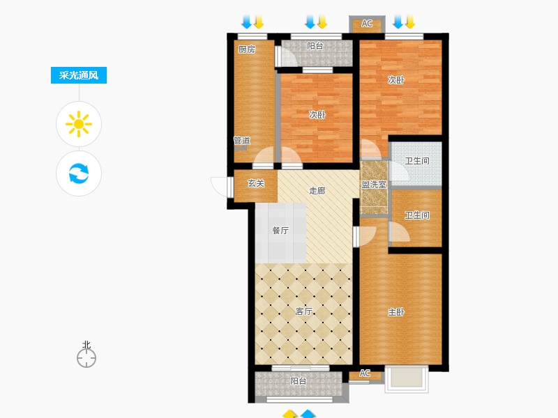 弘石灣3室2廳2衛(wèi)1廚131.00㎡采光通風圖
