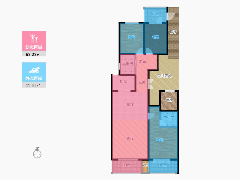 帝王國際3室2廳2衛(wèi)1廚136.00㎡動靜分區(qū)圖