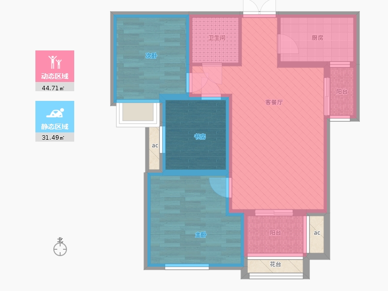 盛世御城3室1廳1衛(wèi)1廚68.27㎡動靜分區(qū)圖