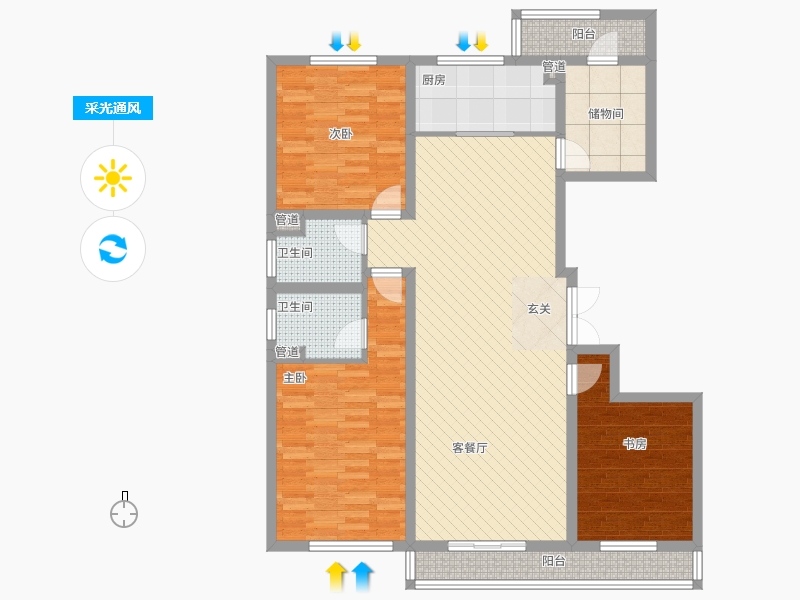 長(zhǎng)久中心公園9號(hào)3室1廳2衛(wèi)1廚162㎡采光通風(fēng)圖