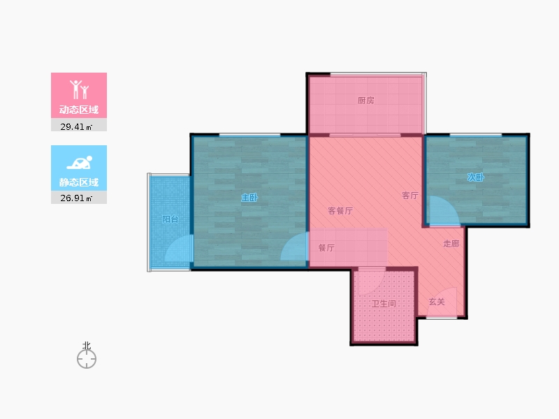 鑫界9號院2室1廳1衛(wèi)1廚70㎡動靜分區(qū)圖