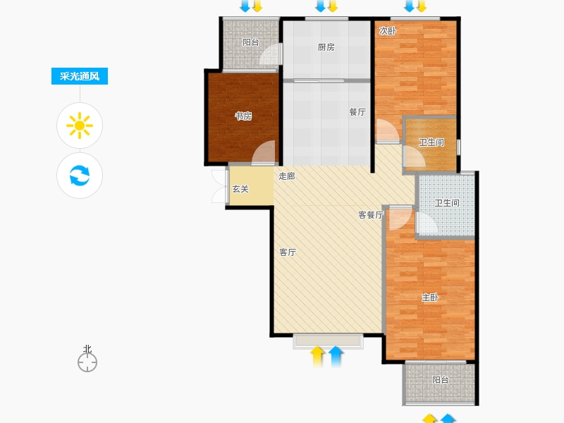 鑫界9號院3室1廳2衛(wèi)1廚118㎡采光通風(fēng)圖