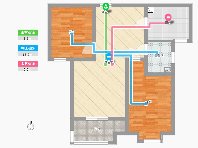 百島綠城2室2廳1衛(wèi)1廚90㎡動線圖